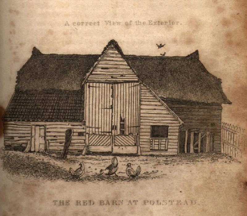 Public Domain image of the Red Barn in Polstead, Suffolk. Aged paper and pencil or charcoal drawing.