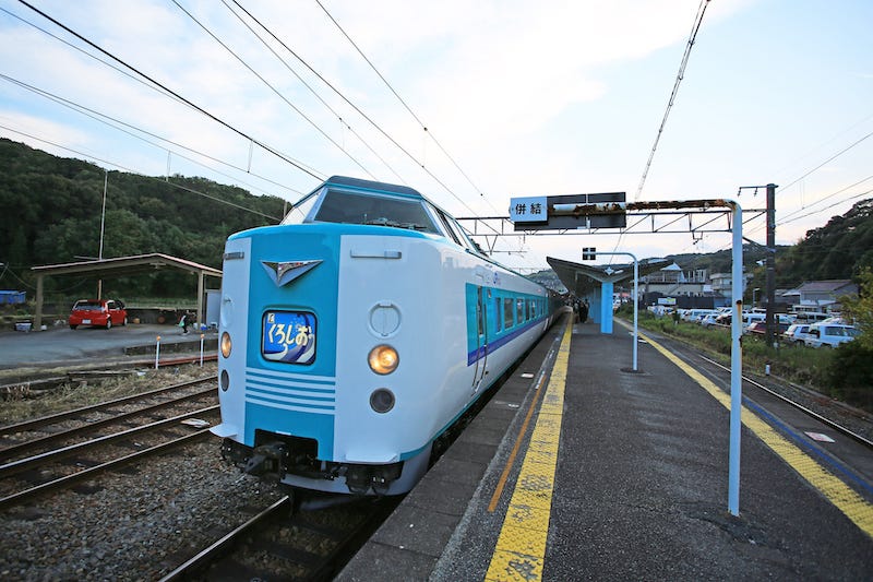 A Kuroshio Limited Express train bound for Kii-Katsuura Station where the Kumano Sanzan are located