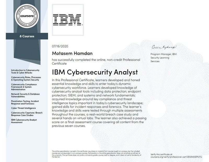 My review to IBM Cyber Security Analyst Professional Certificate