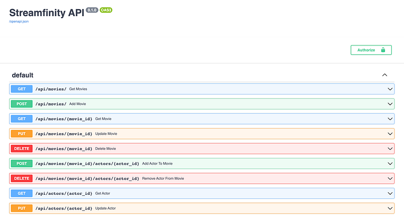 A screenshot of aweb page showing the documentation of Streamfinity’s API