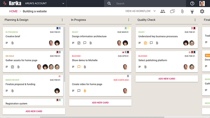 A screenshot showing a Kerika task board.