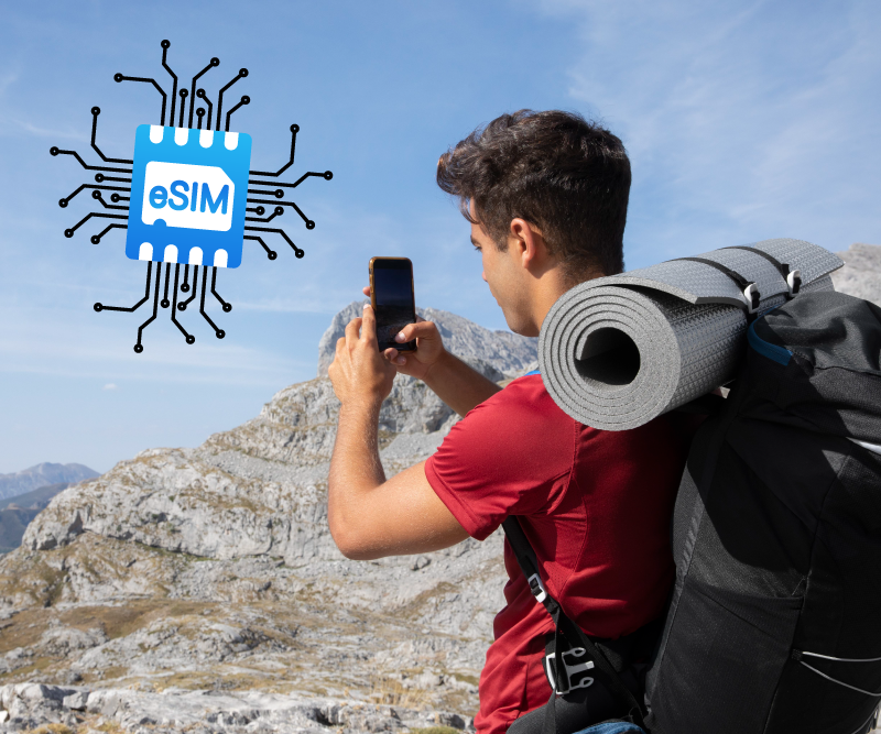 A guy wearing a backpack taking a pic using his smartphone which is powered with the Telsim eSIM international plan.