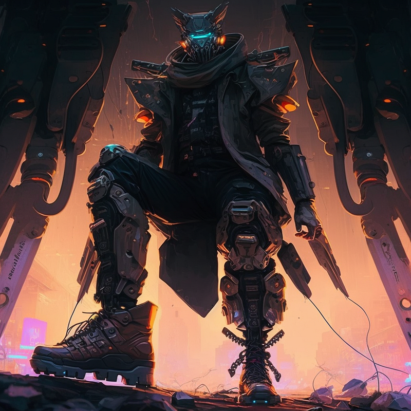 [PROMPT] Low angle shot menacing full body cyberpunk warrior with helmet and battle boots, Worm’s-eye view — v 5