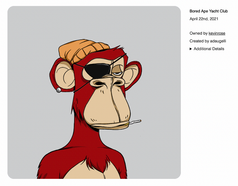 One of the ‘Bored Apes’ from the ‘Bored Ape Yacht Club’ collection.