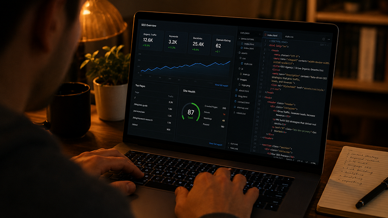 A marketer reviewing semantic SEO analytics and behavioral data tracking on a laptop screen to identify friction points and fix a broken marketing pipeline.