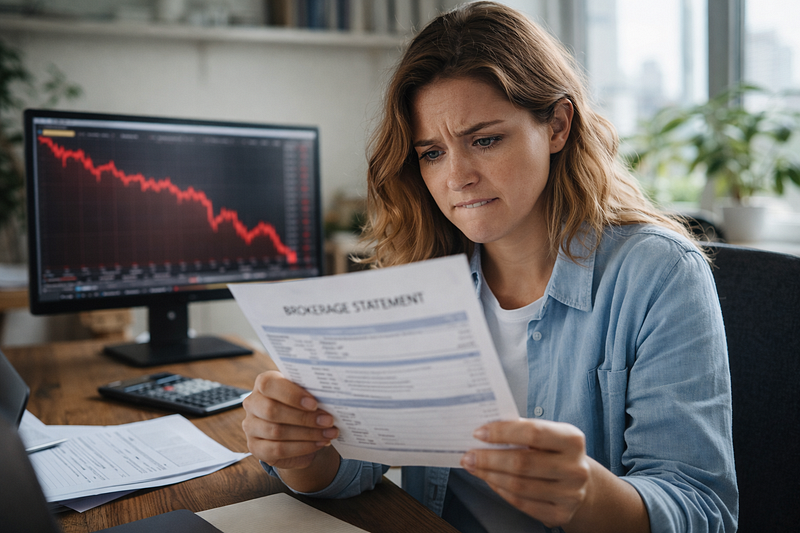 Young woman in a home office looking distressed while reviewing a brokerage statement with a falling stock market chart displayed on a computer monitor.
