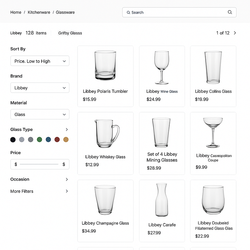 Product listing page showing a grid of glassware products with prices, pagination, and a sidebar of sorting and filtering controls for brand, material, glass type, and price.