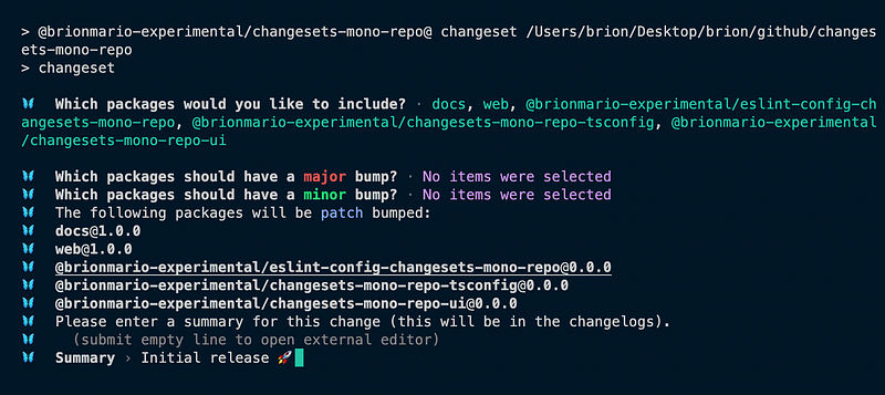 Prompt 02: Terminal output of generating a changeset