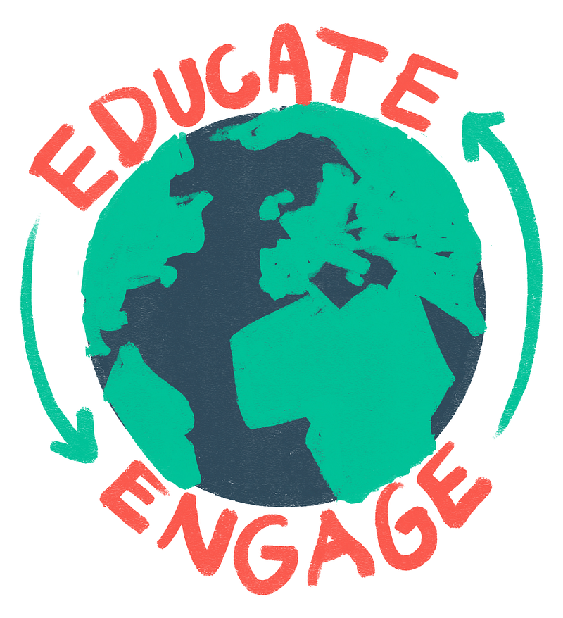 a globe with the words educate and engage around it