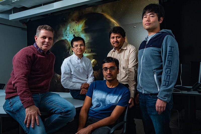 A study by Rice University scientists (from left) Gelu Costin, Chenguang Sun, Damanveer Grewal, Rajdeep Dasgupta and Kyusei Tsuno found Earth most likely received the bulk of its carbon, nitrogen and other life-essential elements from the planetary collision that created the moon more than 4.4 billion years ago. The findings appear in the journal Science Advances. (Jeff Fitlow/Rice University)