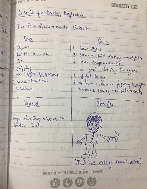 An image of the 4 quadrant exercise that I did on 18th January 2021.