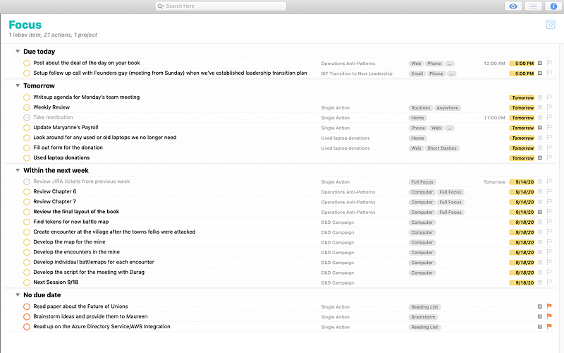 A snapshot of my Focus perspective in OminFocus, showing items that are due soon or flagged as important.