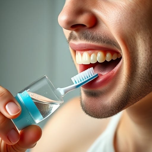 A person brushing their teeth, drinking water, or using mouthwash.