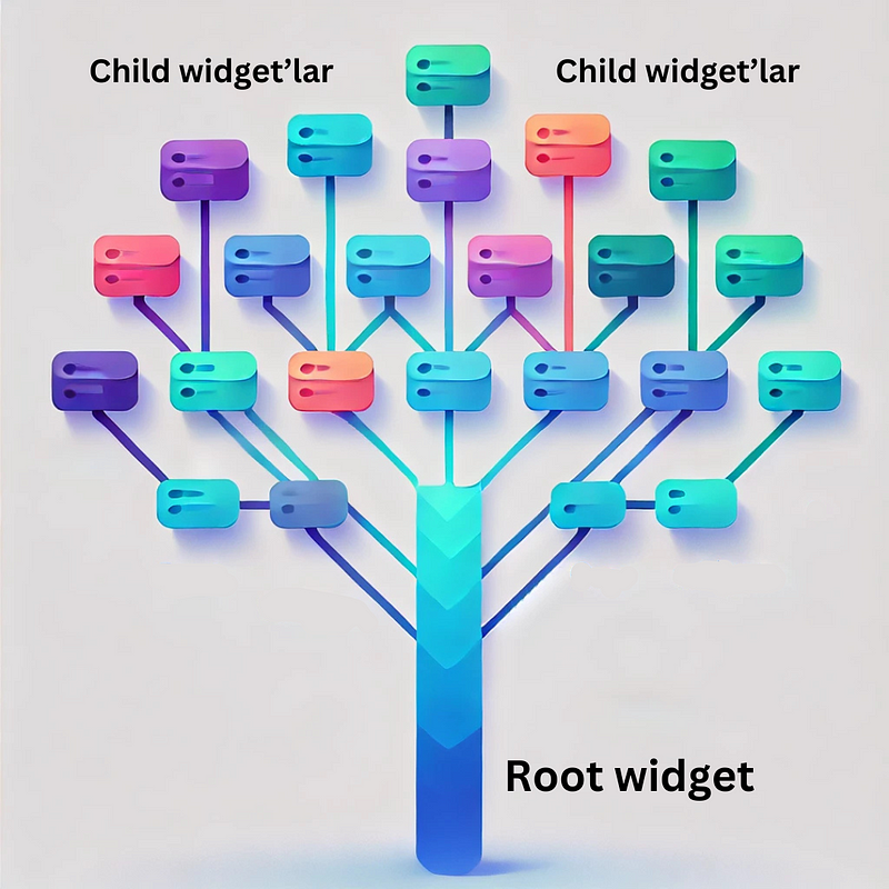 A graphic, showing a Flutter Widget Tree. Flutter Widget ağacını gösteren bir grafik.