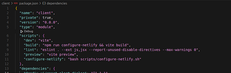 Image showing updated package.json file with custom configure-netlify command and updated build command