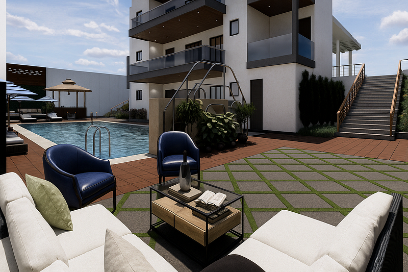 This stunning luxury residential design by ArchitectsHive showcases a perfect blend of modern architecture, outdoor living, and landscape planning. The elegant residence features a beautifully designed swimming pool area surrounded by comfortable outdoor seating, lounge umbrellas, and a relaxing gazebo space, creating a resort-like environment within the home.