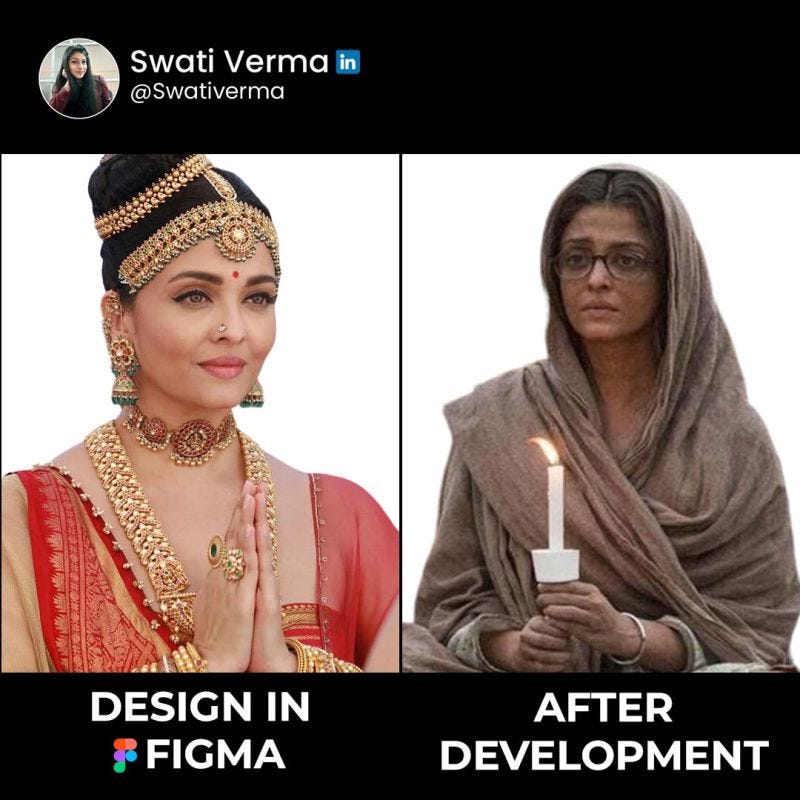 Two pictures of the same woman. On the left, she has makeup, jewelry, and ornate jewelry. This picture is labeled “Design in Figma.” On the right, she looks tired and poor, wears a rough shawl, and holds a candle. This picture is labeled, “After Development.”