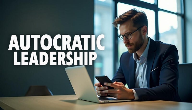 A businessman is sitting behind his desk using his mobile phone as he views his laptop screen. To the left of the image are the large, bold words “Autocratic Leadership.”