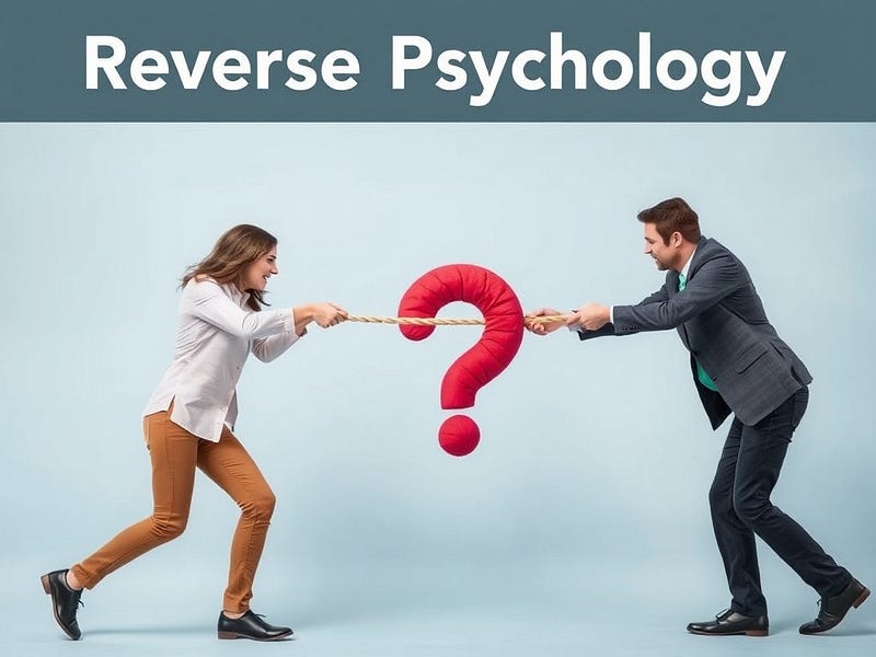 A playful picture of two people engaged in a tug of war. The rope passes through a red question mark, symbolising the mental back-and-forth of reverse psychology.