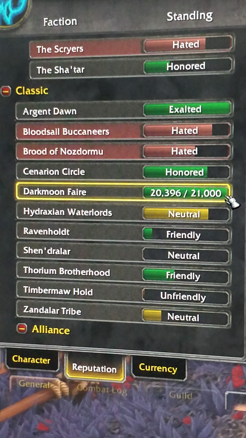 Screenshot of reputation progress across all reputations required for the “Insane” title.