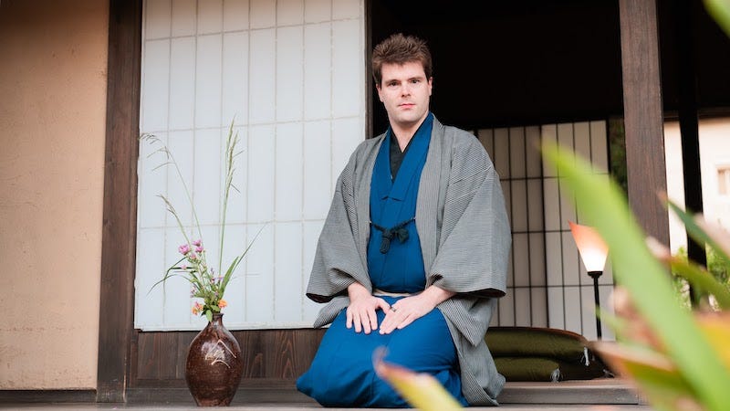 Donny Kimball sits in a samurai domicle in Fukuoka Prefecture’s Akizuki