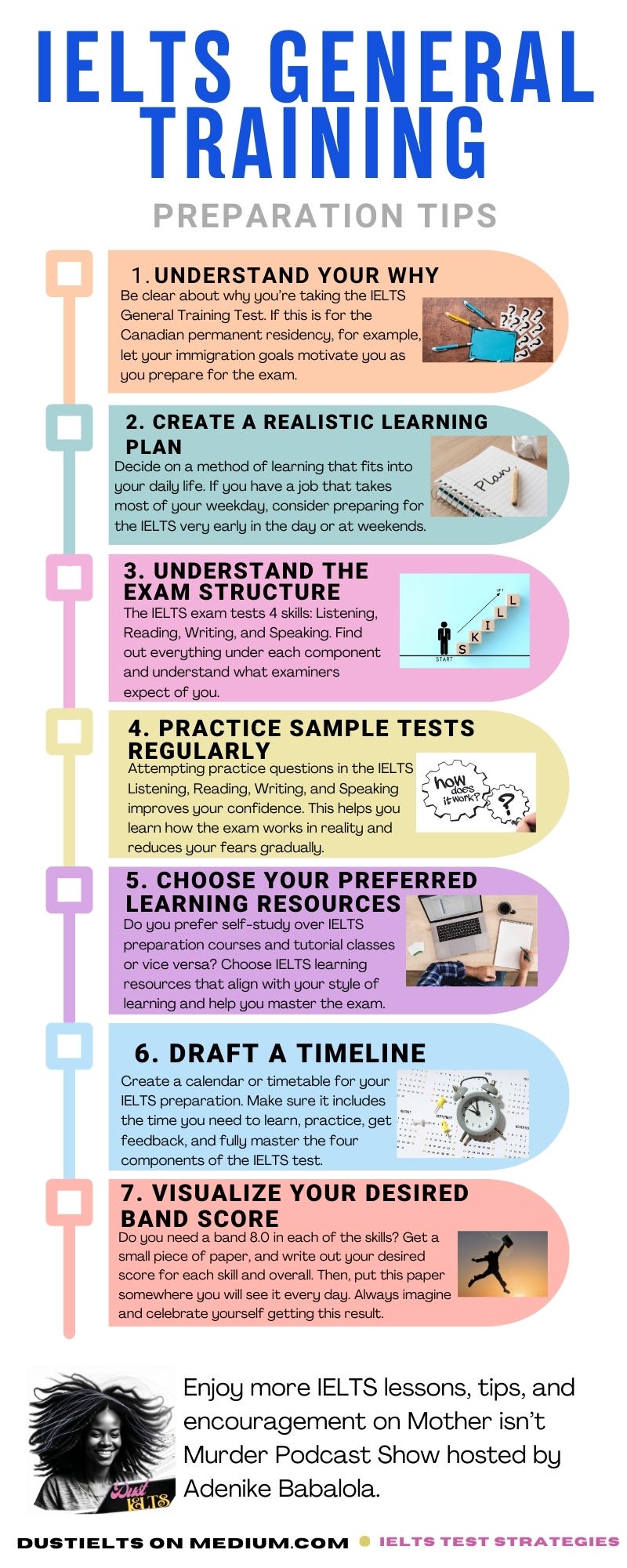 An infographic that includes seven steps to prepare for the IELTS General Training test
