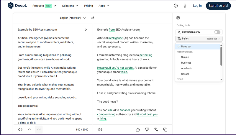 DeepL example at seo-assistant.com to improve your writing with AI