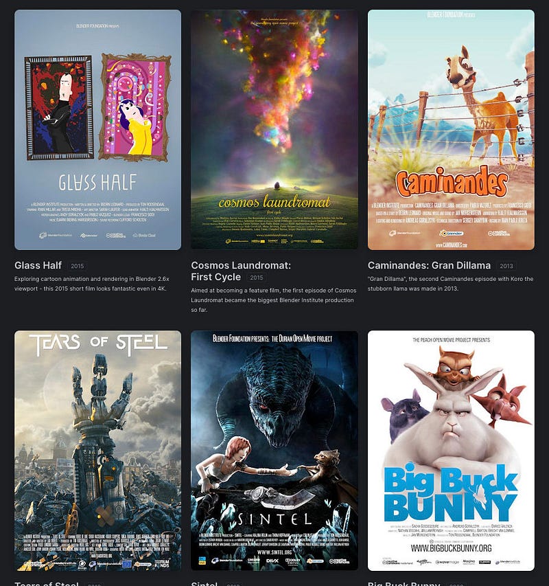 A screenshot from the studio.blender.org website showing covers of the various Blender Open Movies