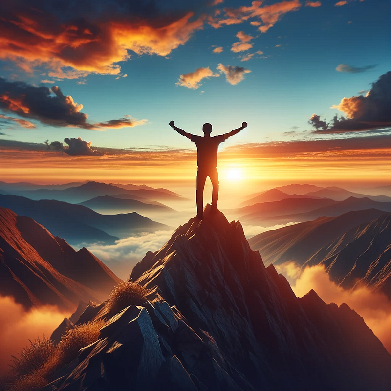 A man triumphantly standing atop the peak of a mountain