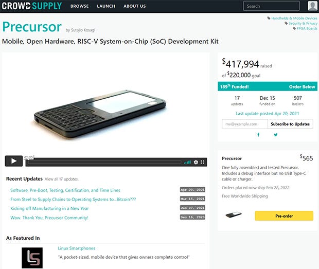 オープンソースハードウェアに特化したクラウドファンディングサイトCrowdsupplyで、Precursorは565ドルでプレオーダー受付中。