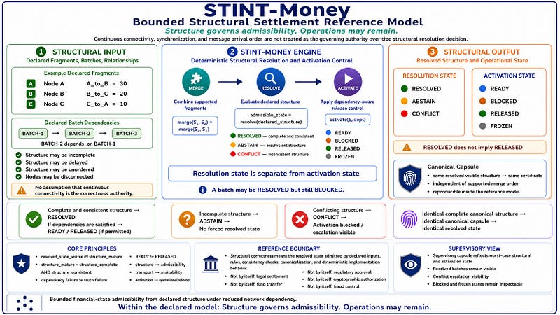 STINT-Money structural settlement reference model diagram showing declared financial structure flowing through merge, resolve, and activate stages. The diagram separates structural resolution states such as RESOLVED, ABSTAIN, and CONFLICT from activation states such as READY, BLOCKED, RELEASED, and FROZEN. It emphasizes that structure governs admissibility, transport affects availability, activation controls operational release, and operations may remain.