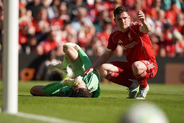 Freddie Woodman (jersey hijau) dalam laga Liverpool vs Crystal Palace di Premier League 2025/2026, Sabtu (25/4/2026). © AP Photo/Ian Hodgson