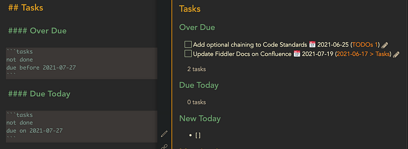 Tasks, both over due and due today.