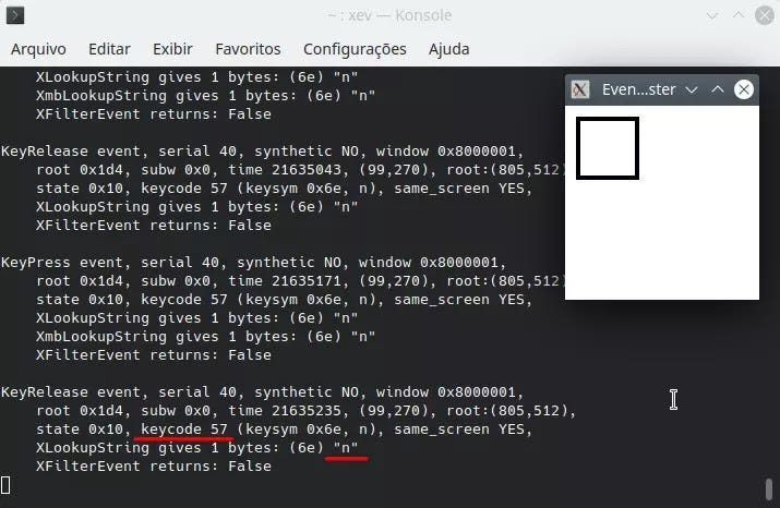 Screenshot do terminal rodando o comando xev