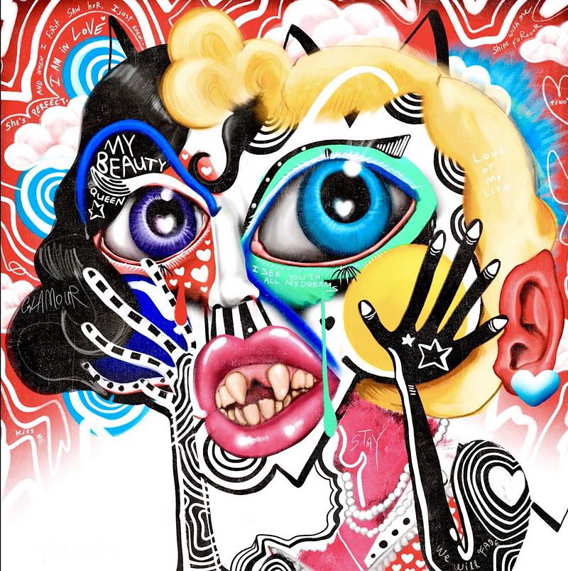 Colourful and surrealistic depiction of a face, artwork by the artist FEWOCiOUS.