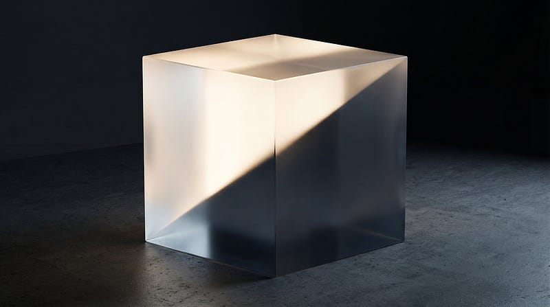 A large translucent cube illuminated by a diagonal beam of light, casting soft gradients on its surface in a dark room.