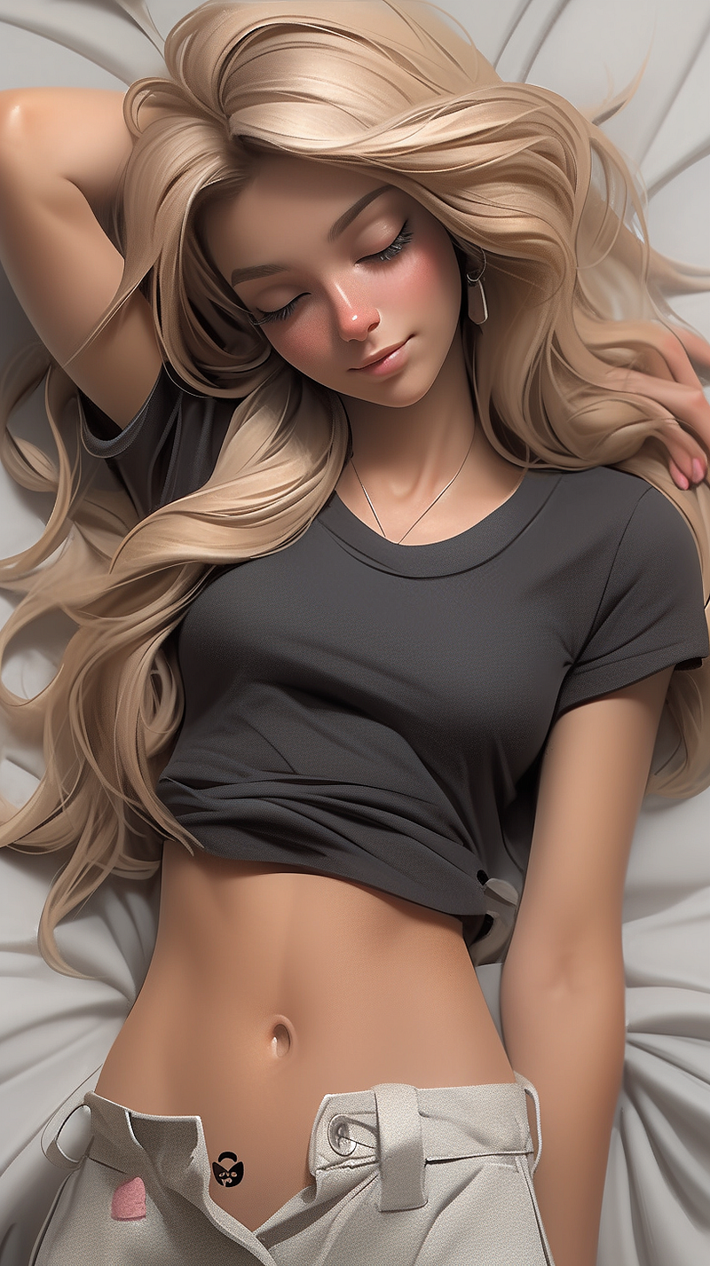 [PROMPT] High-level view of young woman with long wavy blonde hair looking at her own bellybutton, wearing a tshirt, flirty, bedroom, in the style of hard surface modeling, cryengine, zbrush, emphasis on character design, matte photo, quadratura | hyper-realistic portraiture, insanely detailed, embellishments | — niji 5 — style expressive — ar 9:16 — chaos 9 — stylize 1000 — v 5