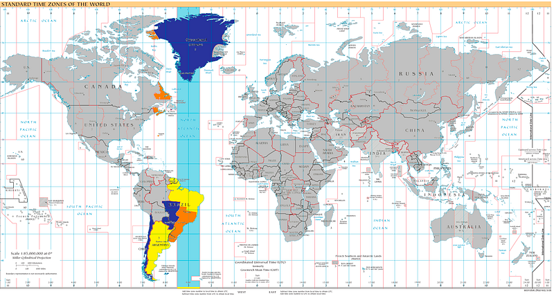 UTC−03: blue (January), orange (July), yellow (all year round), light
blue
(sea areas)