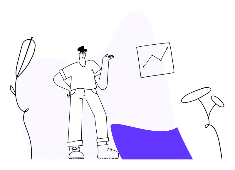 Person with big shoes and with one hand on hip and the other pointing to a graph with an arrow going up.