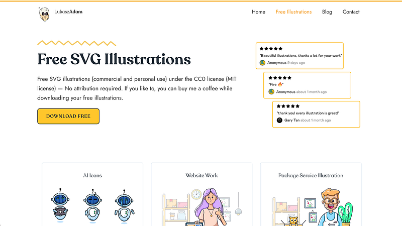 Minimal hand-drawn SVG illustrations. Best for personal sites, portfolios, and blogs that want a human touch.