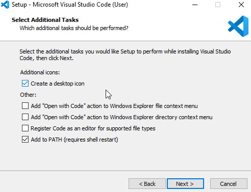 Select Additional Tasks for Visual Studio Code