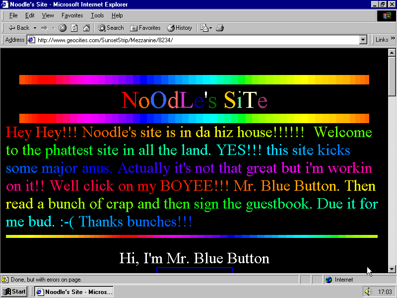 1990s GeoCities website with rainbow-colored text.