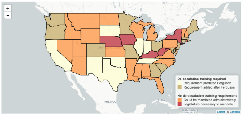 This is a map of the United States that in 2017, there were only 21 states that required de-escalating training.