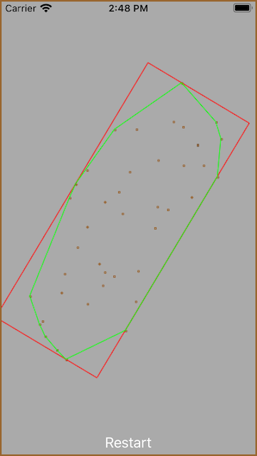 Brown dot->point cloud ; Green->convex hull ; Red -> MBR