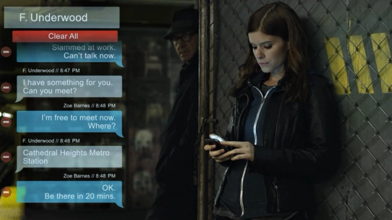 “House of Cards” scene of Kate Mara looking at phone while text messaging interface is overlayed left side of screen