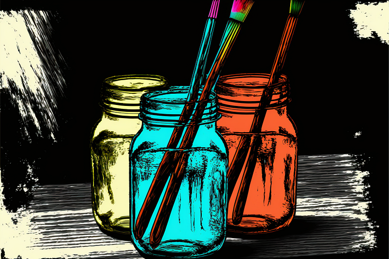 Pop art image of three mason jars holding paintbrushes