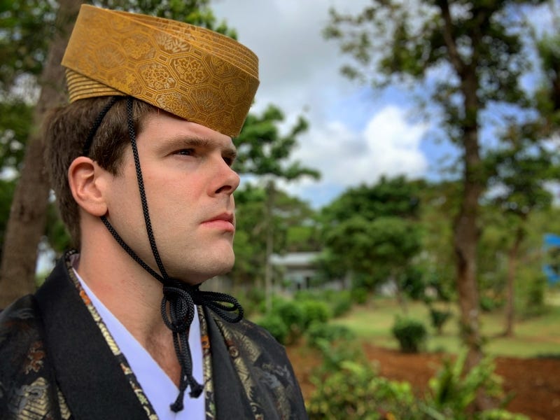 Donny Kimball dresses up as Okinawan royalty at Miyakojima Taiken Craft Village