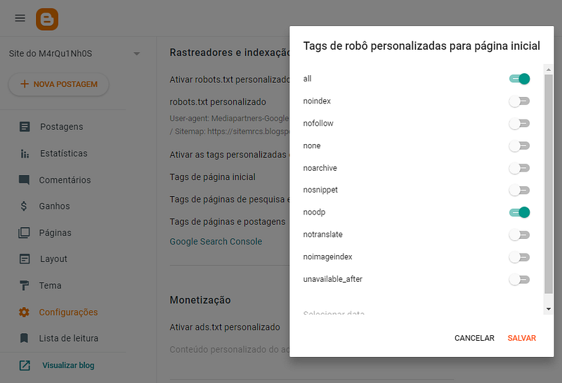 selecionar as tags para a home page