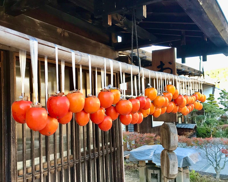 Persimmons tied with string are hung on a bamboo pole.