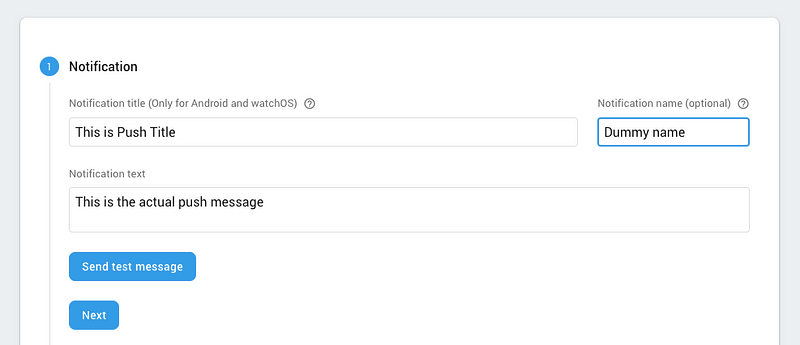 Notification section in Compose form — Firebase cloud messaging console